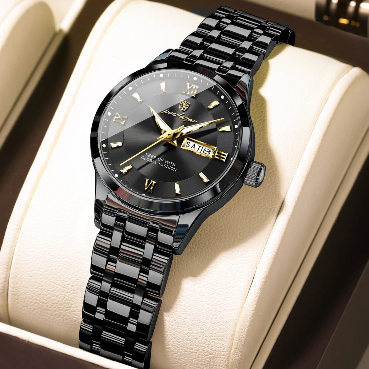 POEDAGAR Reloj de cuarzo de lujo para mujer, luminoso, de acero inoxidable, resistente al agua, con fecha y día, reloj de moda para mujer