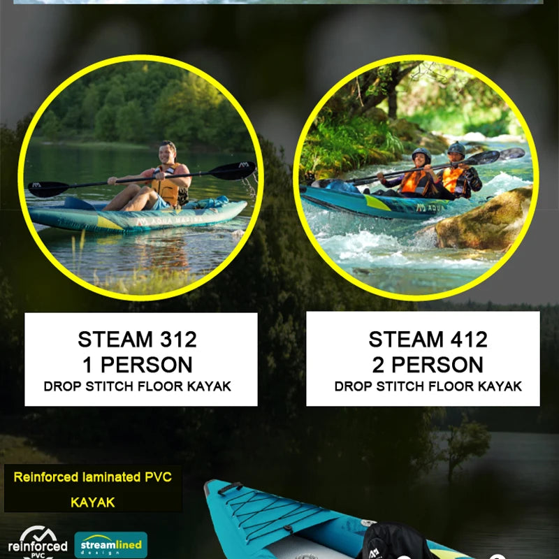 Kayak Inflable AQUA STEAM 312 para 1 Persona, con Piso de Tecnología Drop Stitch, PVC Reforzado 840D, Diseño Aerodinámico, Asiento con Respaldo Alto, Tecnología Deck Shield, para Deportes Acuáticos, Ríos, Lagos, Agua Du