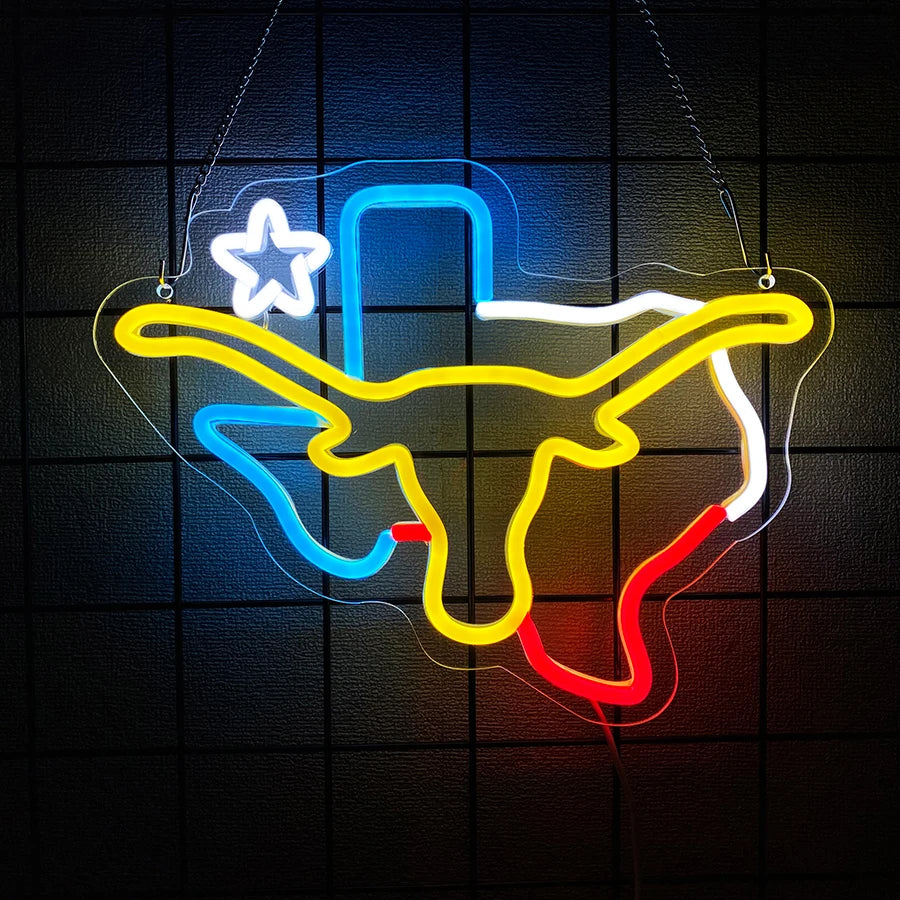 Señal LED de neón para pared con toro multicolor y silueta con estrella azul