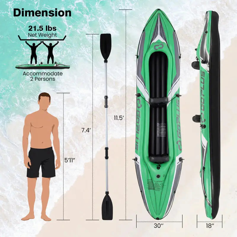 Kayak Inflable de 11.5 Pies para 2 Personas, Resistente, con Palas de Aluminio - Verde