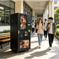 Máquina de café automática negra con panel frontal y pantalla LCD, para autoservicio