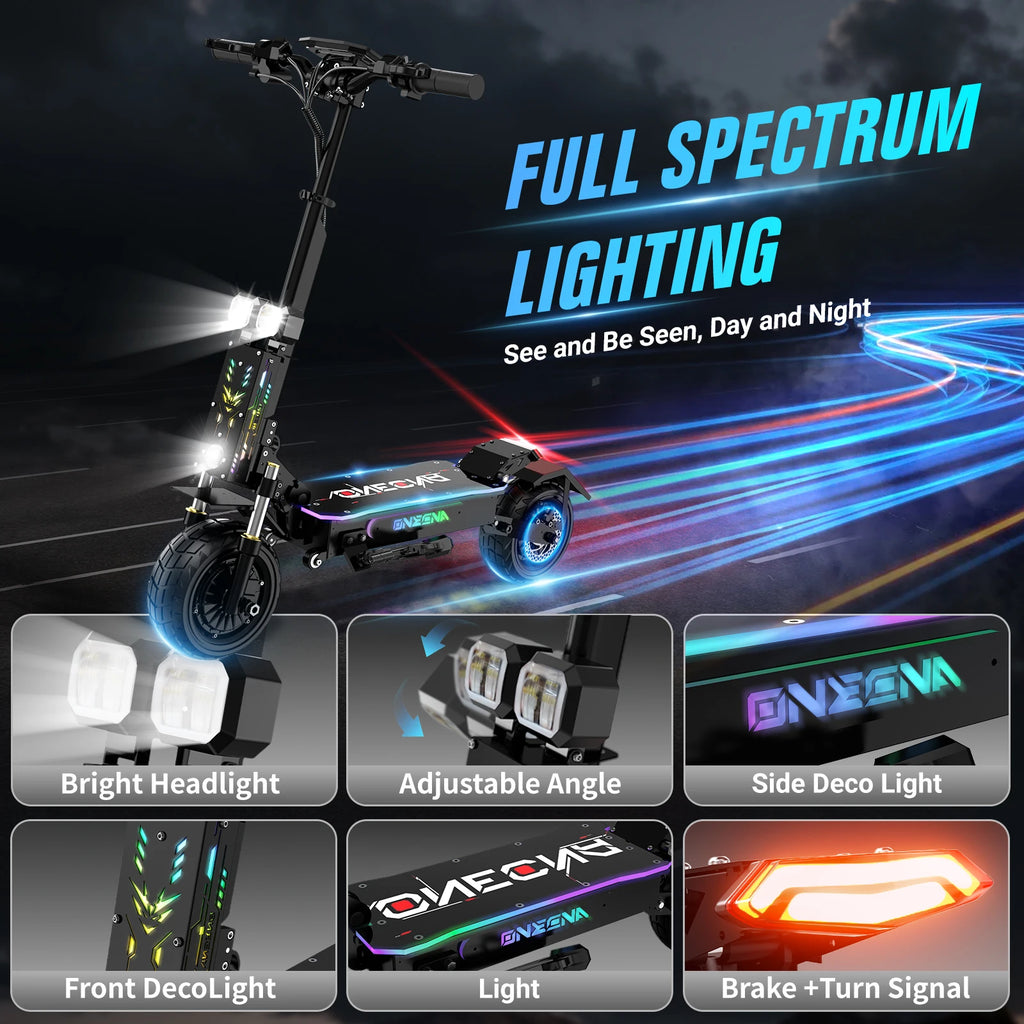 Patinete eléctrico con sistema de luces LED azules y faros delanteros, vista frontal