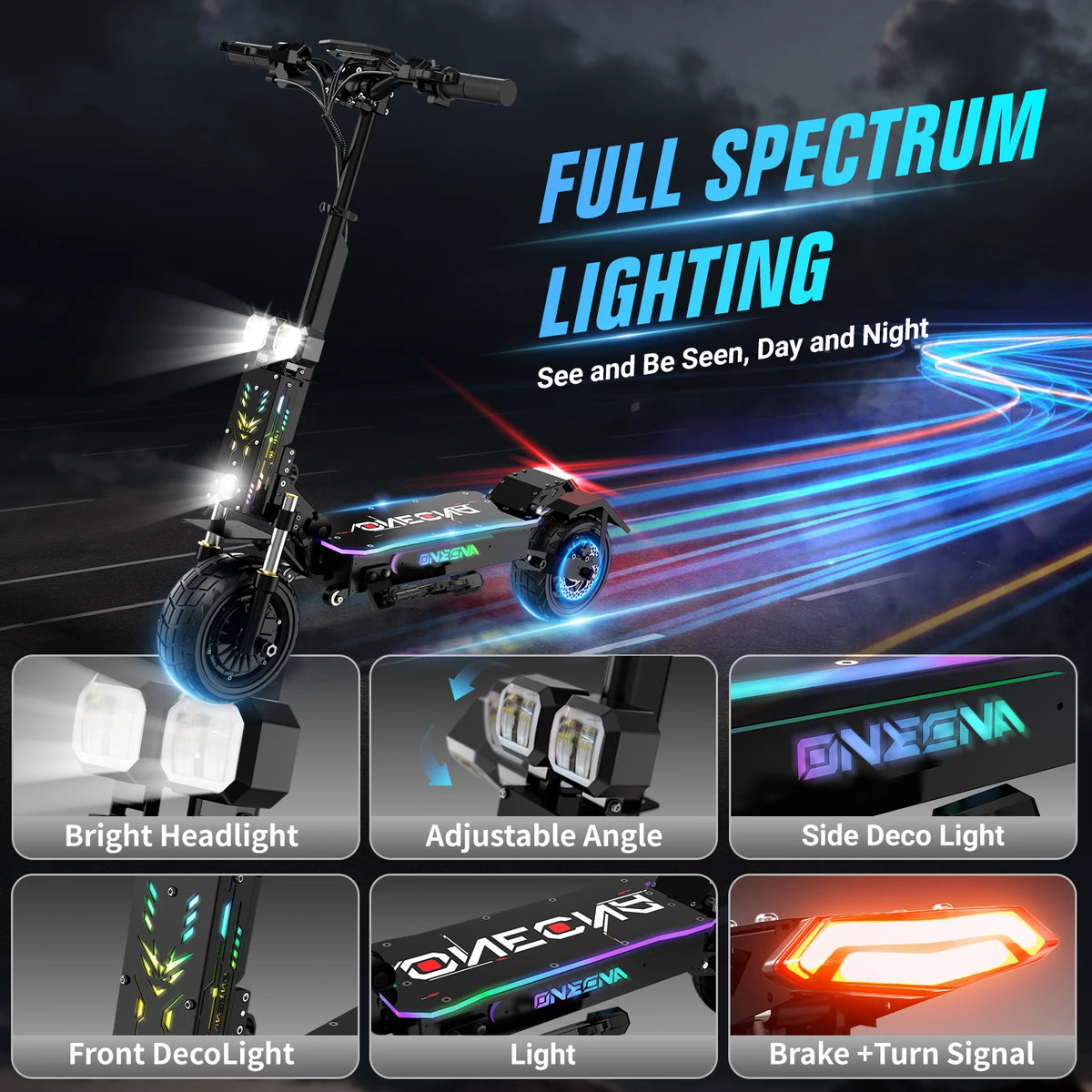 Patinete eléctrico con sistema de luces LED azules y faros delanteros, vista frontal