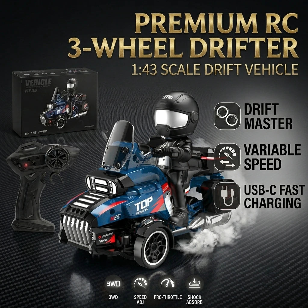Motocicleta de drift de 3 ruedas a escala 1:43, coche de carreras con control remoto de 2.4 GHz, modelo de carreras de escritorio y coleccionable decorativo, USB-C