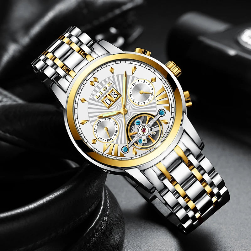 Reloj de pulsera mecánico automático LIGE 2026 para hombre, reloj de lujo de marca superior con tourbillon, reloj de moda para hombre, resistente al agua para negocios