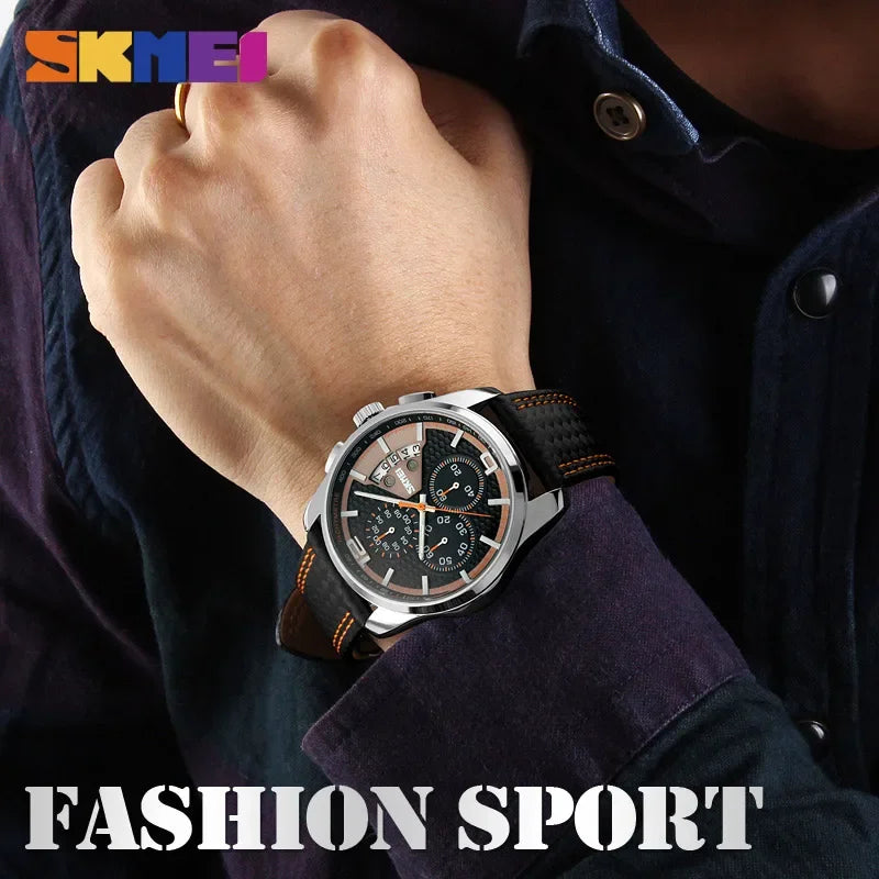 Reloj de pulsera de cuarzo Skmei, marca de lujo con correa de piel, resistente al agua 5Bar, estilo deportivo y elegante para hombre 9106