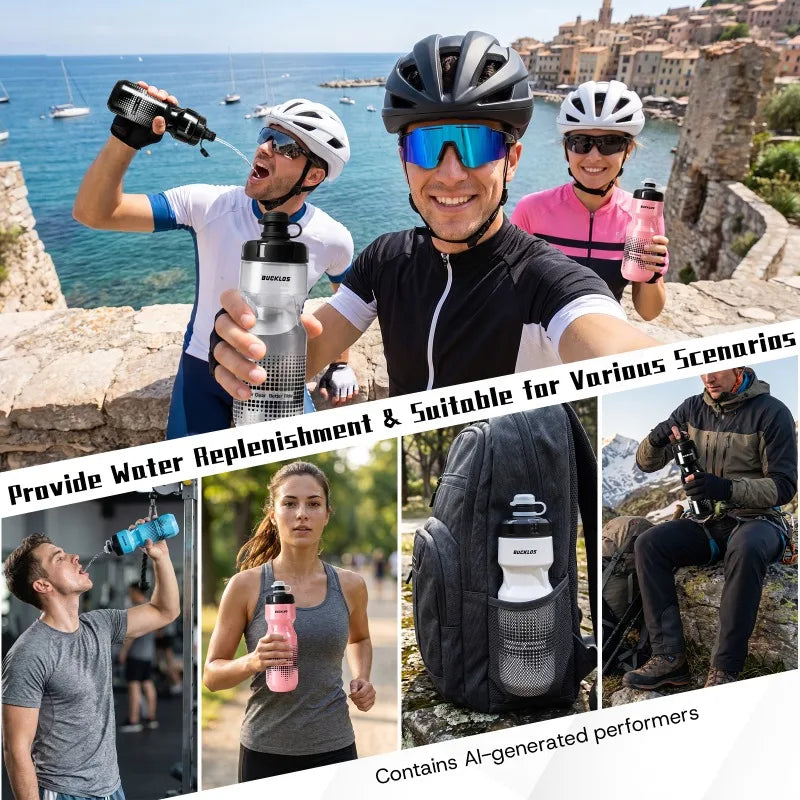 Botella de agua para bicicleta BUCKLOS de 710 ml, sin BPA, botella deportiva con sistema de apertura por compresión, a prueba de polvo y fugas, ideal para bicicletas de carretera y de montaña.
