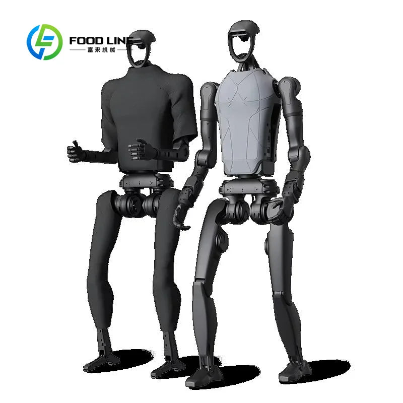 Par de robots humanoides: uno negro y otro con torso gris claro y brazos articulados.