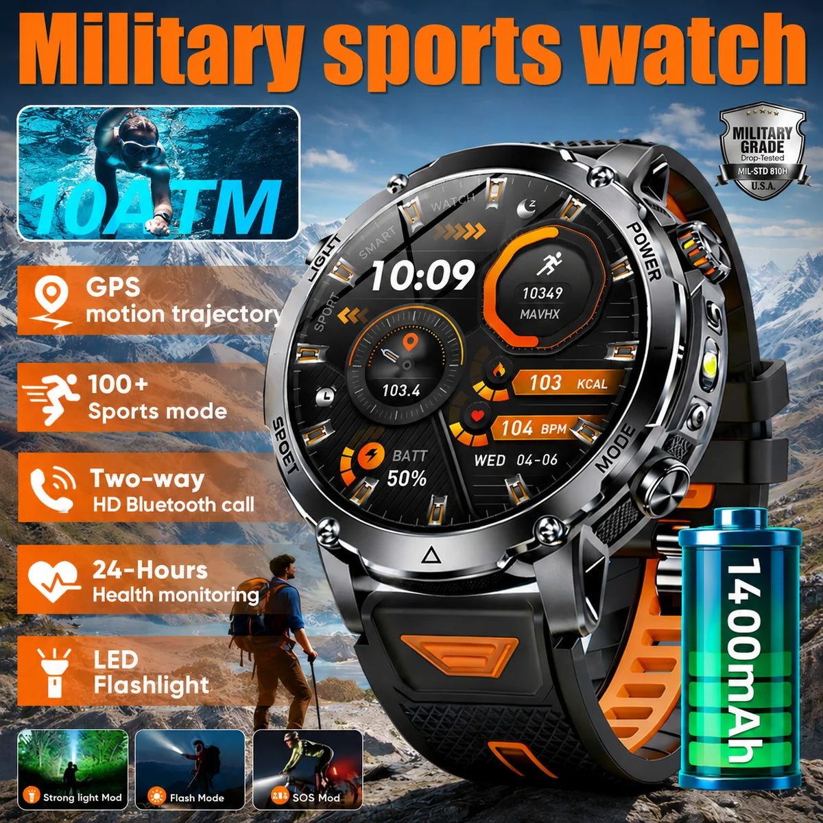 Reloj inteligente militar LIGE TANK Ultra con batería de 1400mAh, resistente al agua 10ATM, frecuencia cardíaca, linterna, pulsera deportiva para hombre y mujer