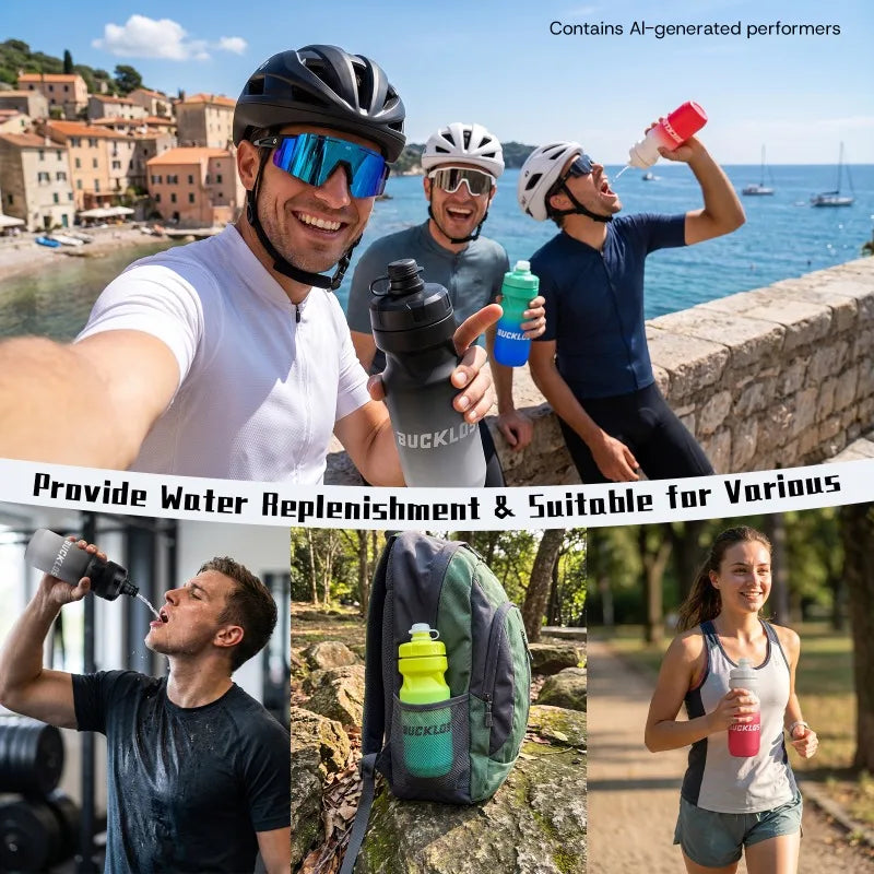 Botella de agua para bicicleta BUCKLOS de 610 ml, sin BPA, ideal para ciclismo y deportes, con tapa antipolvo y diseño a prueba de fugas, perfecta para bicicletas de carretera.