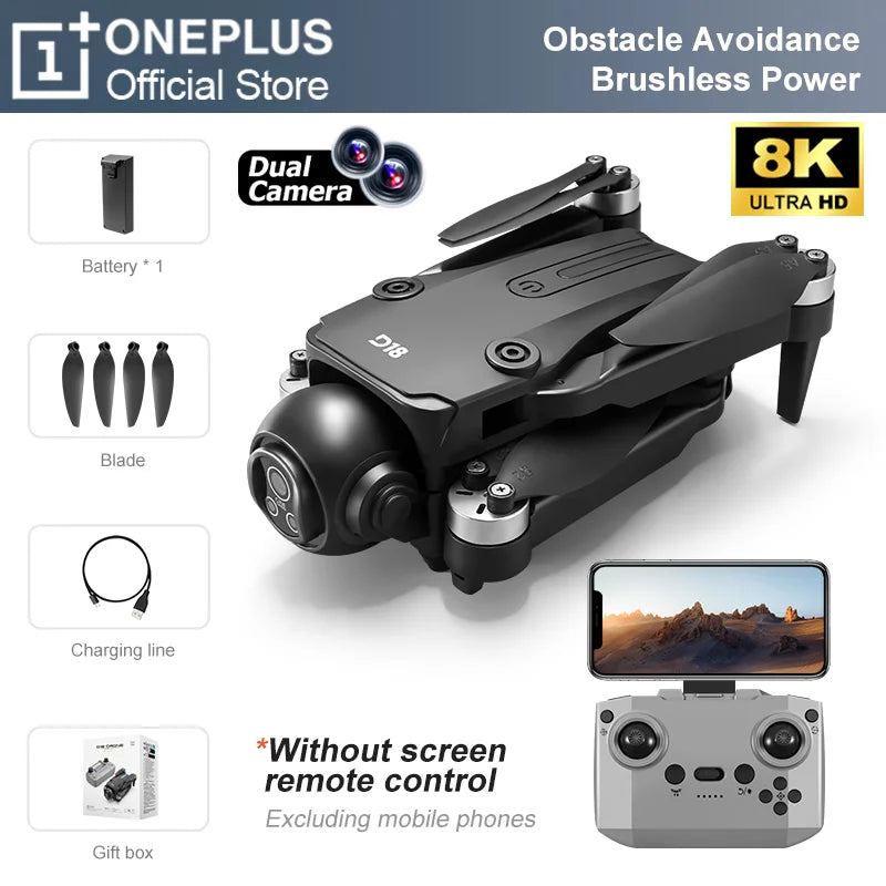 Dron OnePlus D18 con Cámara Dual 8K Aérea HD, Evitación Inteligente de Obstáculos, Motor sin Escobillas, GPS de Retorno y Control Remoto con Pantalla