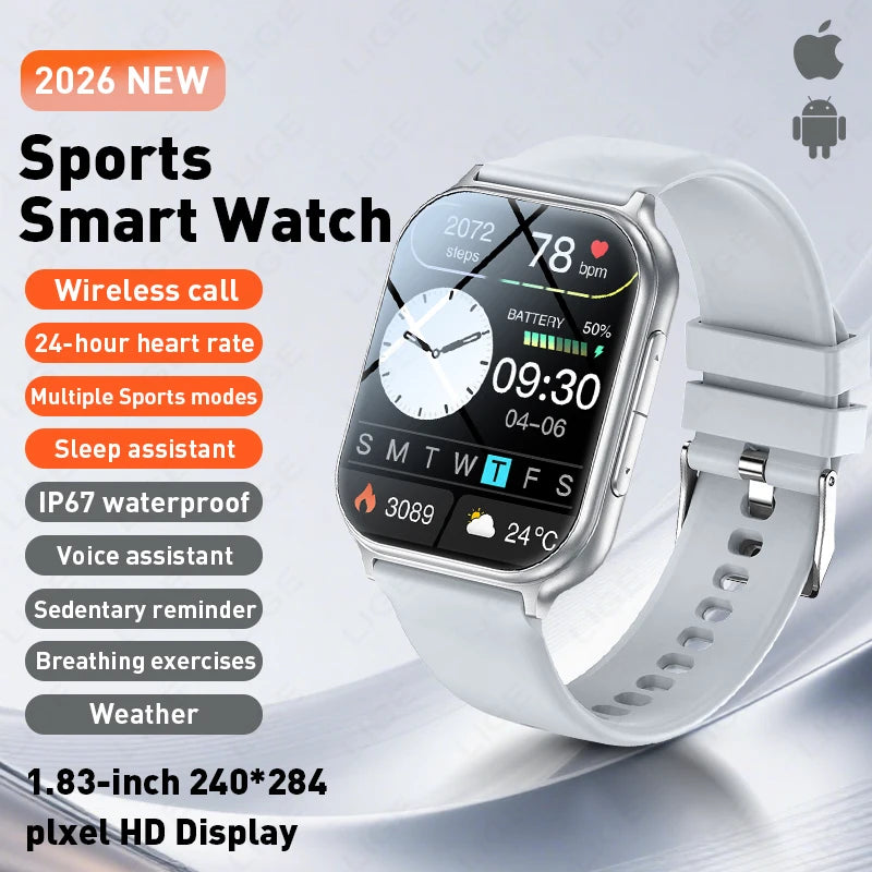 LIGE Nuevo Reloj Inteligente de 700mAh para Hombres y Mujeres, Deportivo, Rastreador de Fitness, Impermeable, Monitor de Frecuencia Cardíaca 24H Integrado, Llamadas Bluetooth, Smartwatch HD de 1.83"