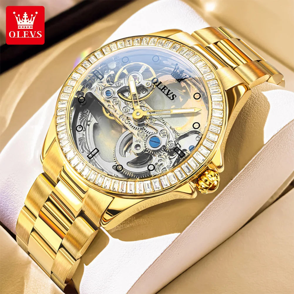Reloj OLEVS 6699 para mujer, reloj de pulsera mecánico automático de lujo con esfera hueca totalmente transparente y bisel de diamantes, relojes de lujo para dama