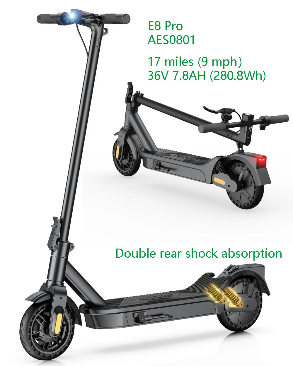 Patinete eléctrico plegable negro con suspensión trasera doble y rueda con detalles amarillos.