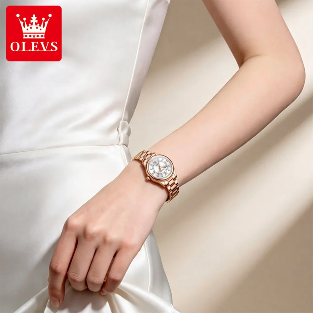 OLEVS Original Elegant Women Quartz Watch Stainless Steel Waterproof Luminous Chronograph Date Ladies' Watch Gifts Box NO.5683