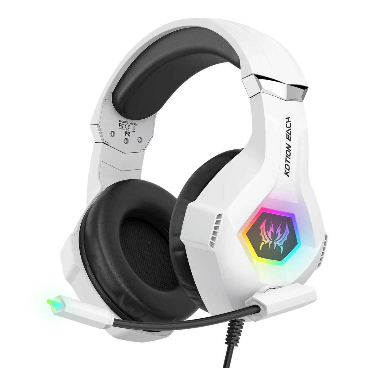 Auriculares gaming blancos con copas acolchadas y luz RGB lateral