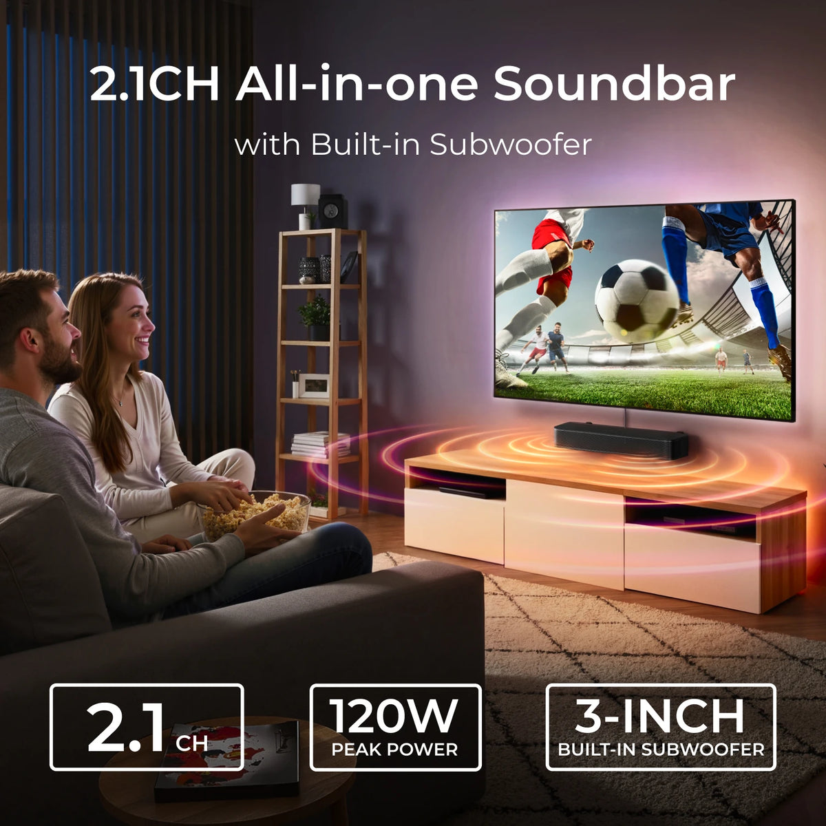 Barra de sonido compacta ULTIMEA 2.1ch para TV, subwoofer integrado de 3 pulgadas, control mediante aplicación, potencia máxima de 120 W, barra de sonido todo en uno para PC y juegos, barra de sonido Bluetooth 5.4 para