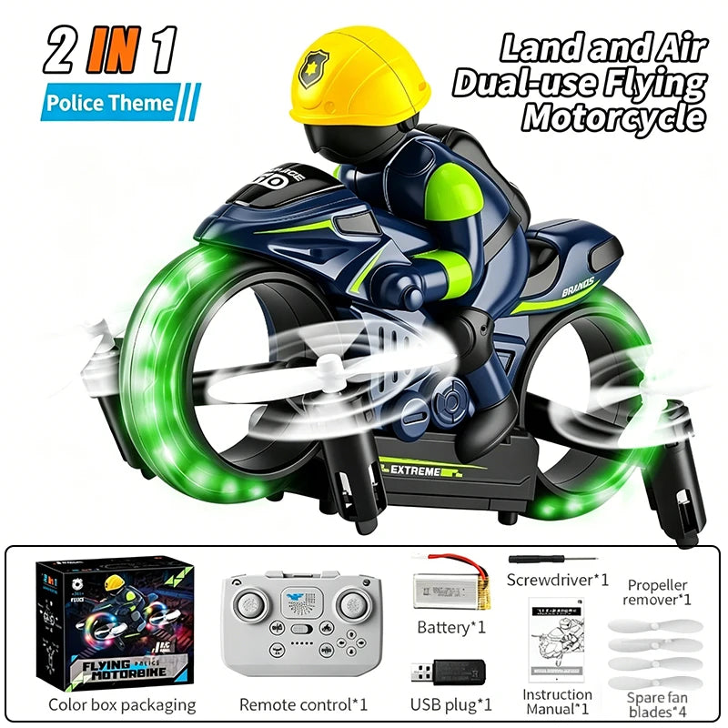 2IN1 RC Car and RC Drone Land and Air Dual-use Flying Motorcycle 2.4G Remote Control Stunt Drift with Gyro and Night Light Toys