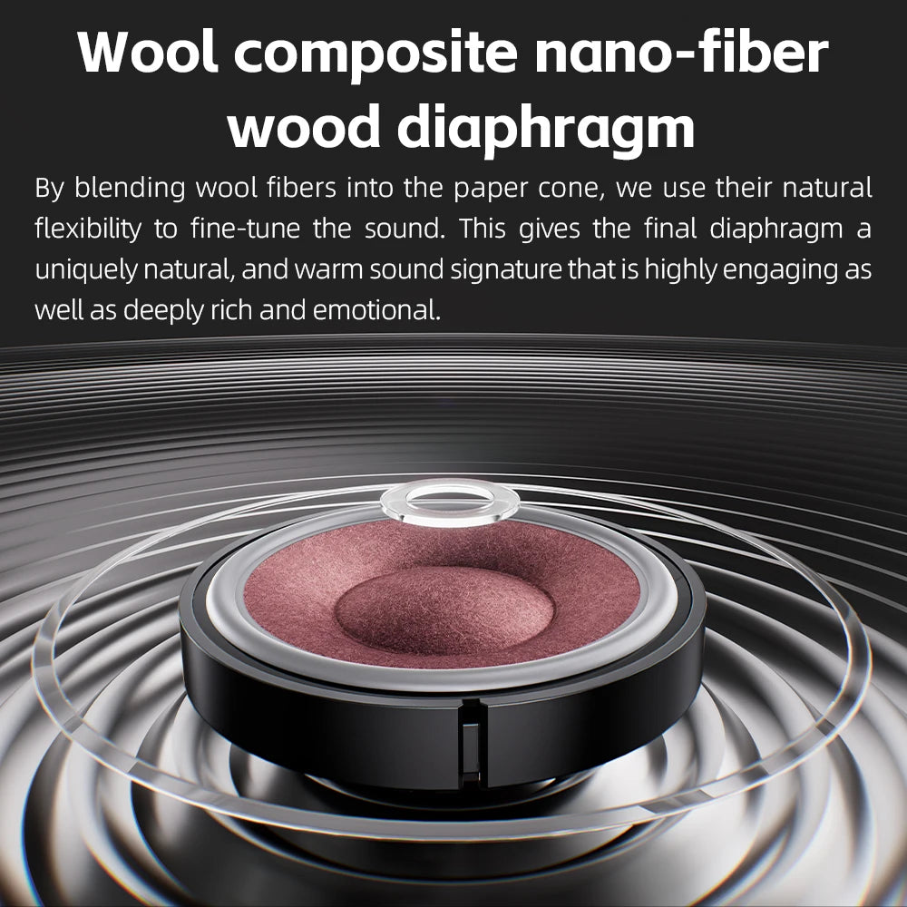 Diafragma de nano-fibra de madera rojiza dentro de un auricular cerrado