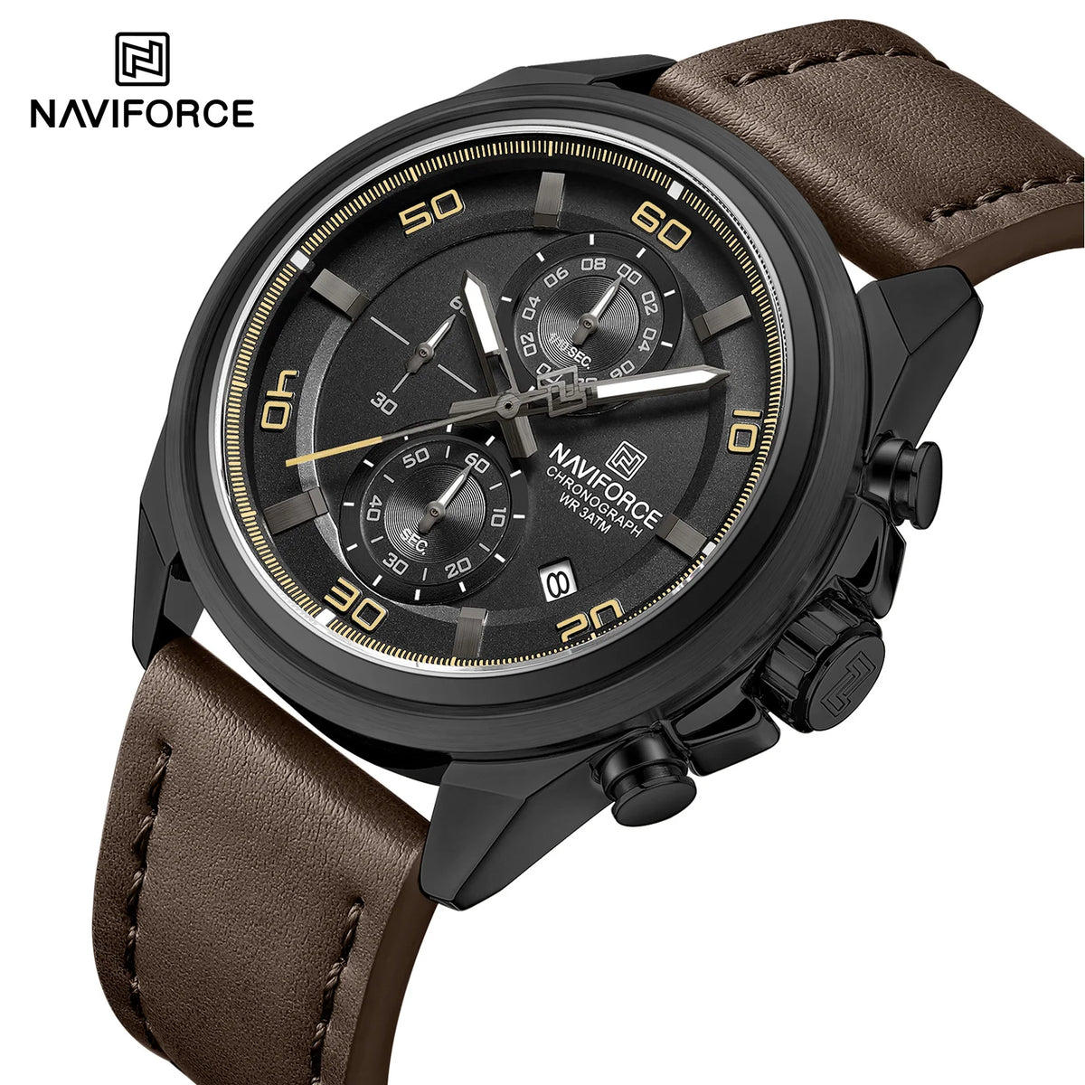 NAVIFORCE Chronograph Wristwatch for Male Quartz Date Display 30M Waterproof Real Leather Strap Clock Mature Fashion Man's Watch