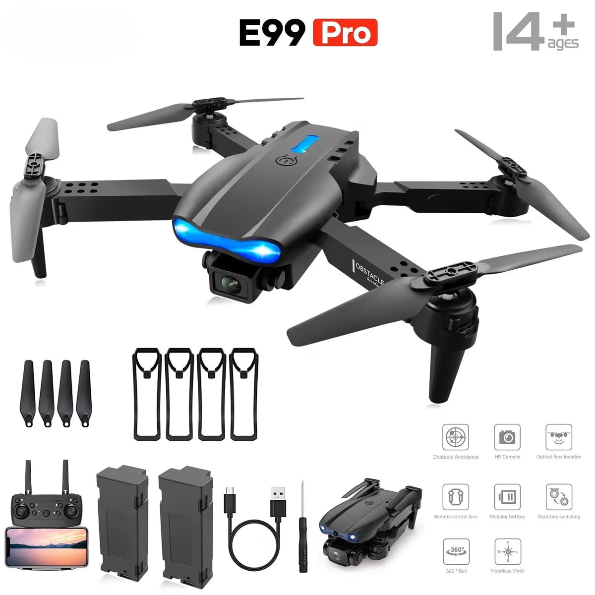 Dron plegable gris E99 Pro con baterías extra y accesorios, vista frontal.