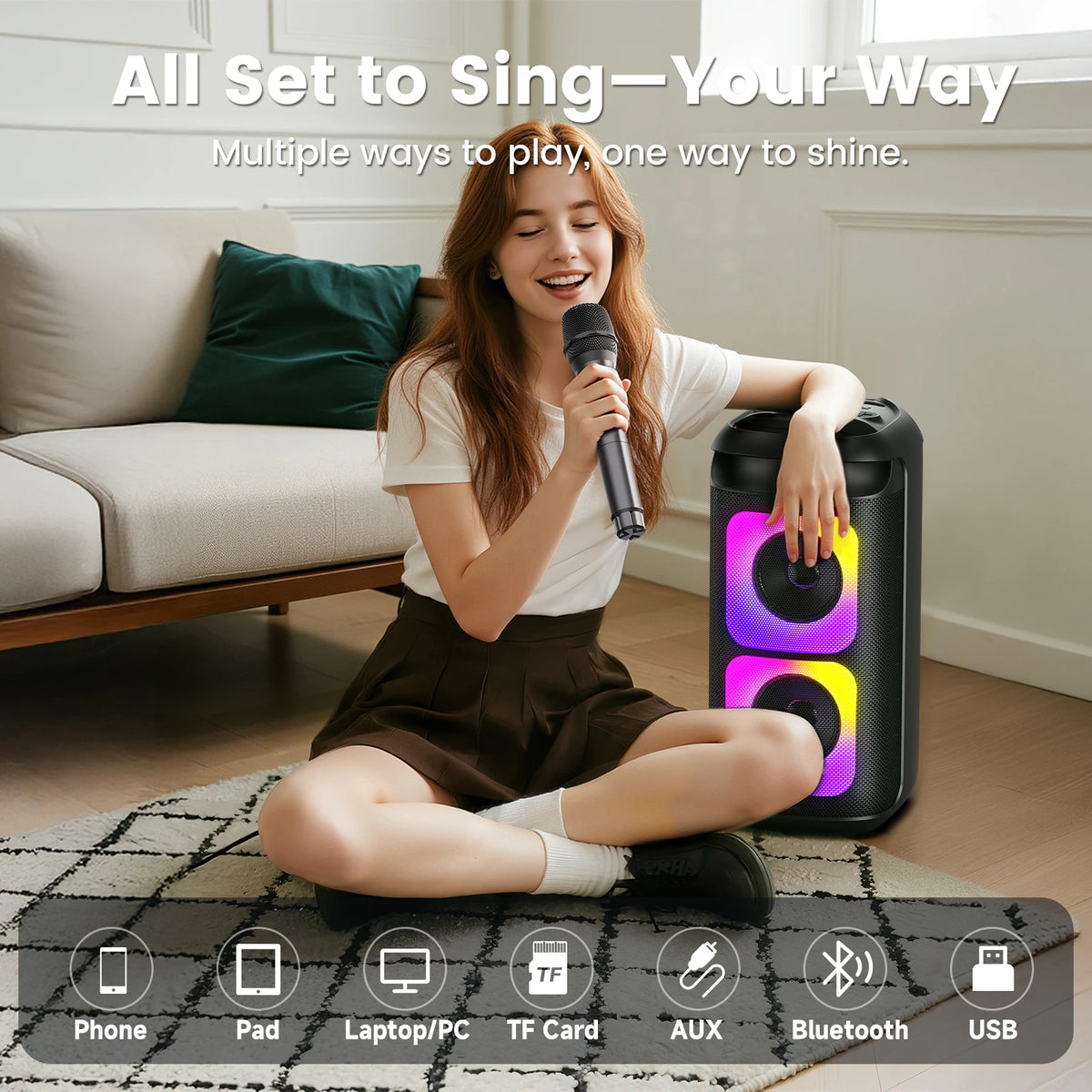 Altavoz Bluetooth Grande T37, Máquina de Karaoke con Dos Micrófonos, USB, Tarjeta TF, Grabación, TWS, Altavoz de Karaoke con Reverberación