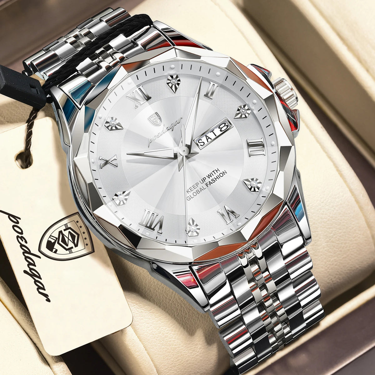 POEDAGAR Fashion Quartz Men Clock Waterproof Luminous Date Week Sport Men's Watch Stainless Steel Business Watches For Man Reloj