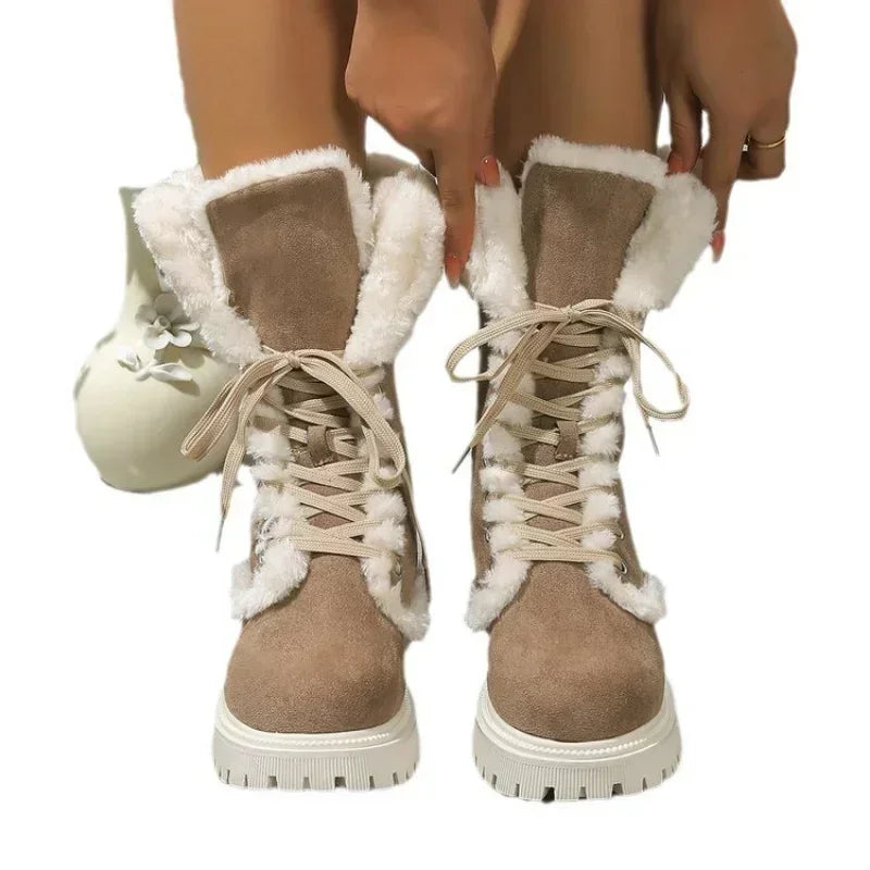 Botas de nieve gruesas de felpa para mujer, botines con plataforma de piel sintética para invierno, botas de nieve con cordones a media pantorrilla, zapatos de algodón grueso