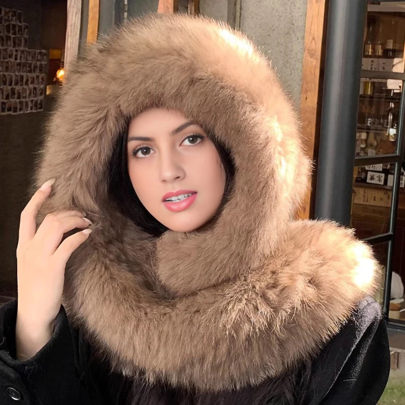 Gorro de invierno con forro de piel de zorro auténtica, gorro con bufanda integrada, gorro cálido y de diseño moderno, gorro de piel de zorro de doble cara, con forro de felpa gruesa y protección para las orejas.