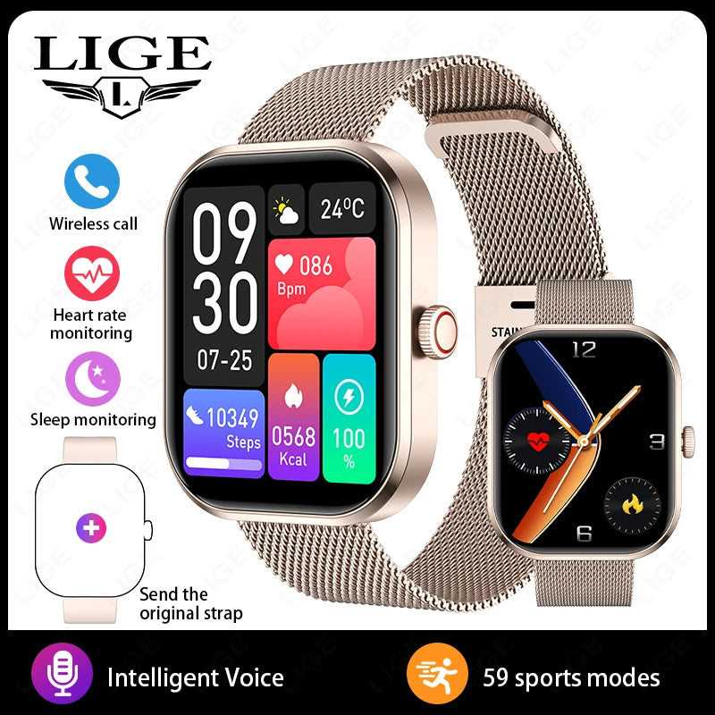 Reloj inteligente de moda LIGE para mujer, con llamada Bluetooth, monitor de salud femenina, frecuencia cardíaca, presión arterial, reloj inteligente digital de fitness para hombre