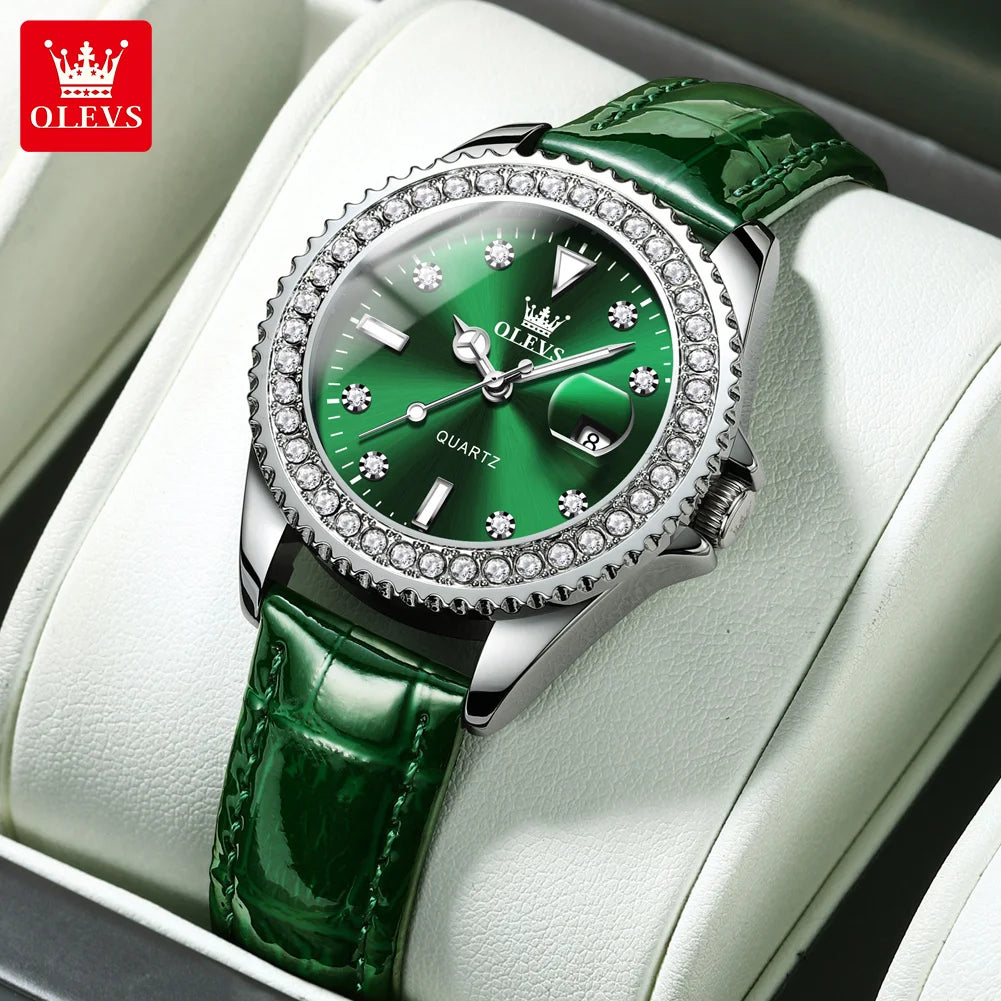 Relojes originales elegantes para mujer OLEVS 9945, reloj de cuarzo, resistente al agua, luminoso, con fecha automática, reloj para dama, regalo, bisel con diamantes