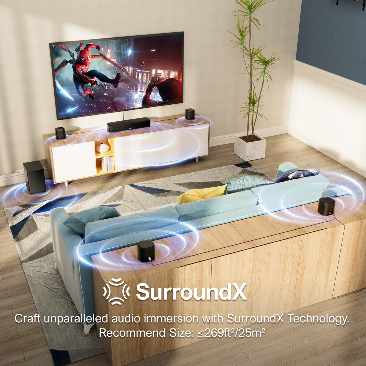 Barra de sonido y satélites negros con subwoofer, con efecto de sonido envolvente