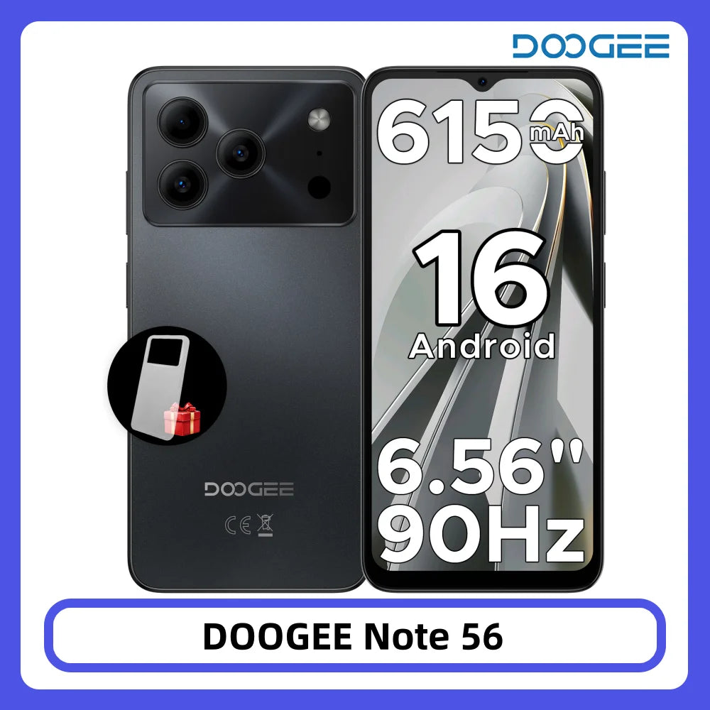 Smartphone DOOGEE Note 56 Android 16, batería grande de 6150 mAh, pantalla de 6.56" a 90 Hz, 24 GB + 64 GB, 8 MP + 5 MP, desbloqueo facial