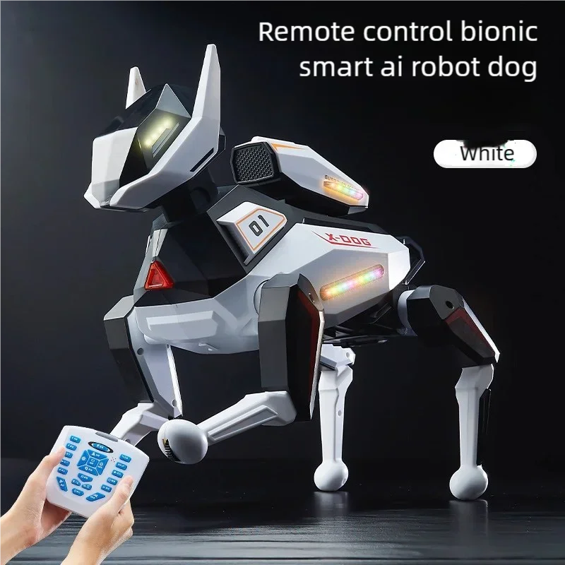 Perro robot blanco con control remoto, luces LED y cabeza móvil