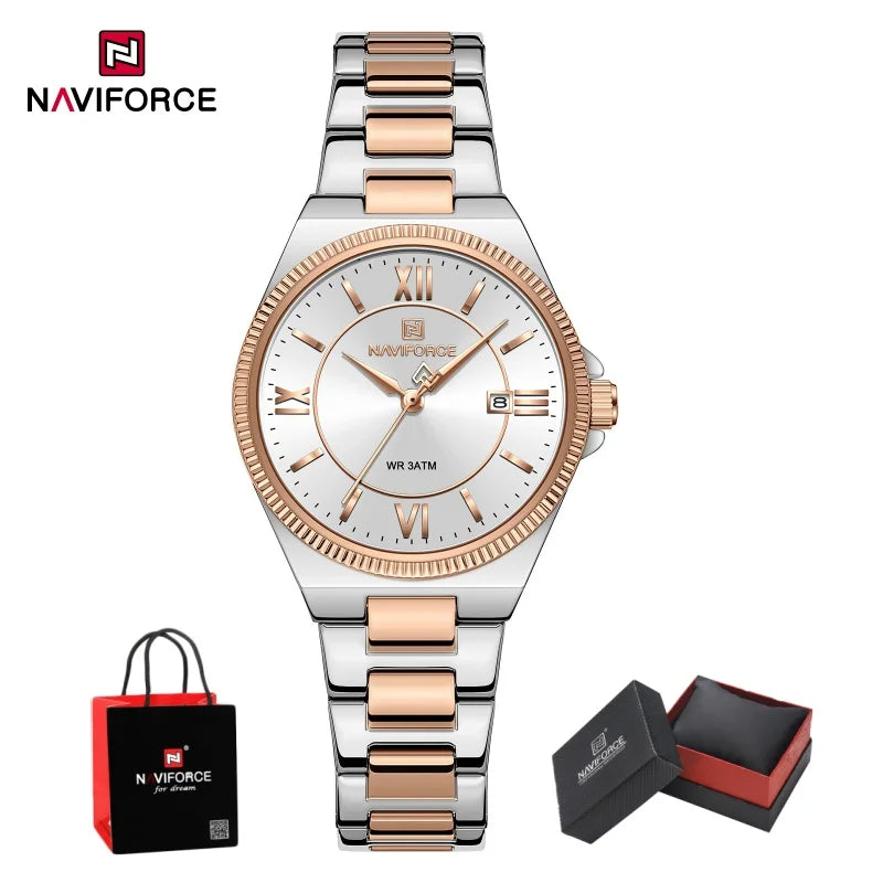 Reloj NAVIFORCE casual para mujer de acero inoxidable, resistente al agua 3ATM, con indicador de fecha, reloj de pulsera clásico para uso diario, caja de regalo incluida