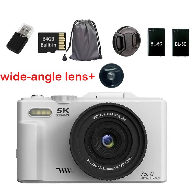 Cámara digital 5K para fotografía Cámara Vlogging de 75 MP para YouTube 3" 180 °   Pantalla abatible, cámara de disparo puntual con zoom digital 18X de 32 GB