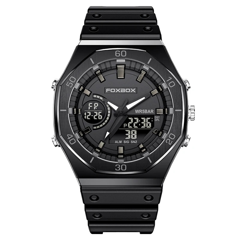 FOXBOX New Dual display Watches For Men Casual Sports Chronograph Quartz Big Dial Wrist Watch Silicone Waterproof Digital Clock