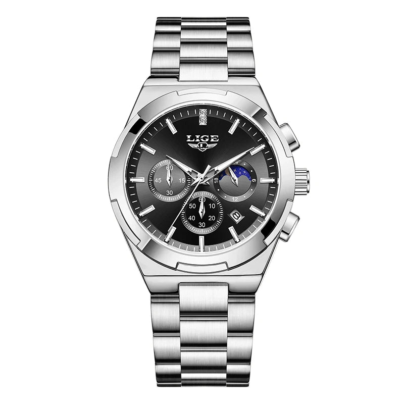 LIGE Waterproof Watch For Women Luminous Stainless Steel 24 Hour Moon Phase Ladies Quartz Watches Casual Sport Date Chronograph