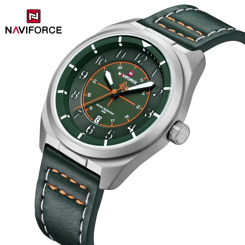Reloj de pulsera NAVIFORCE para hombre, de cuarzo, elegante, con fecha automática, resistente al agua, de cuero genuino, para negocios, diseño único.