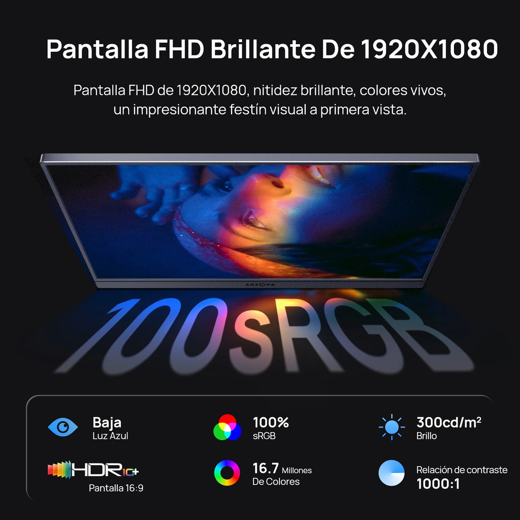 ARZOPA Monitor Portátil de 16.1'' 100% SRGB 1080P FHD, Pantalla IPS, Segundo Monitor, Pantalla Externa Z1C