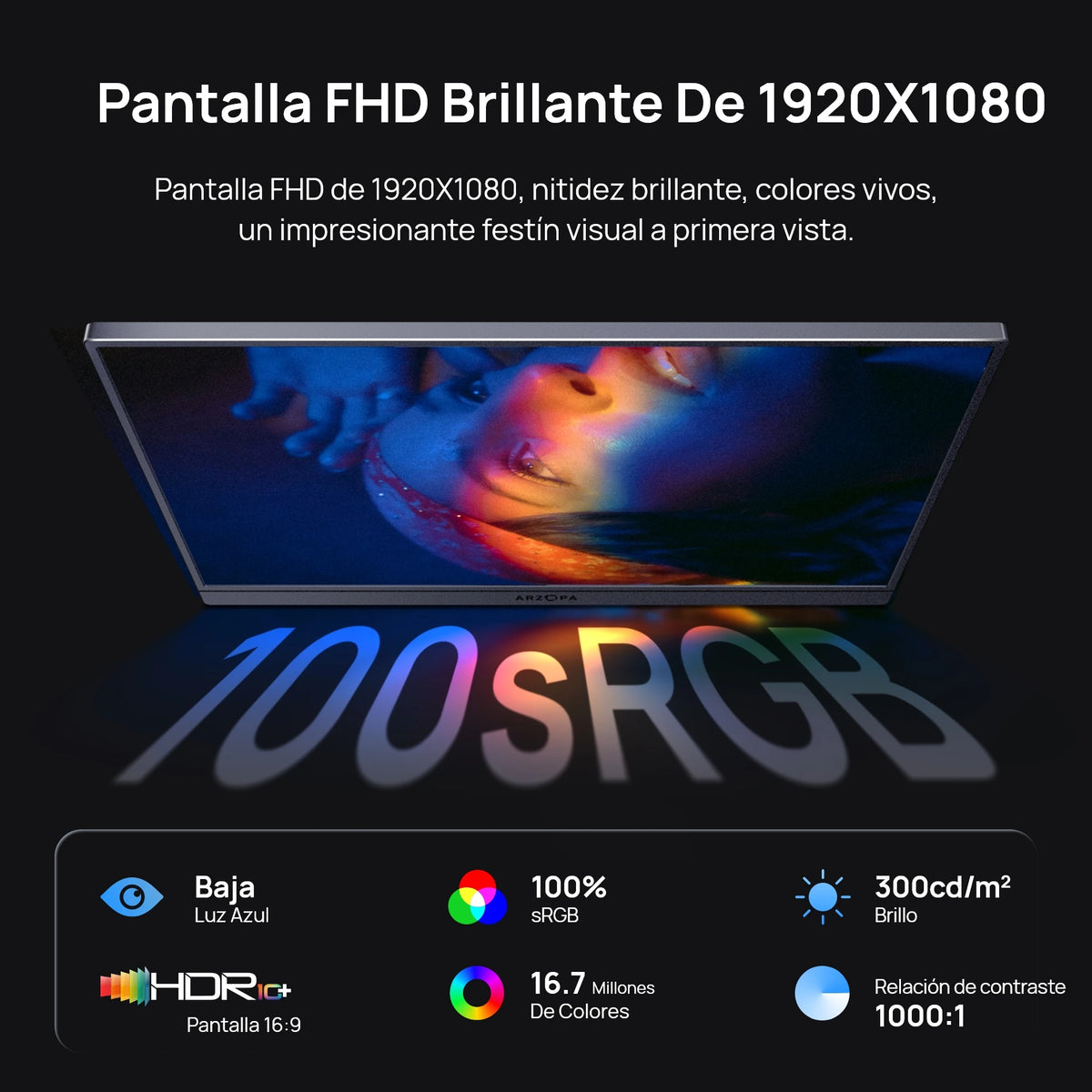 ARZOPA Monitor Portátil de 16.1'' 100% SRGB 1080P FHD, Pantalla IPS, Segundo Monitor, Pantalla Externa Z1C