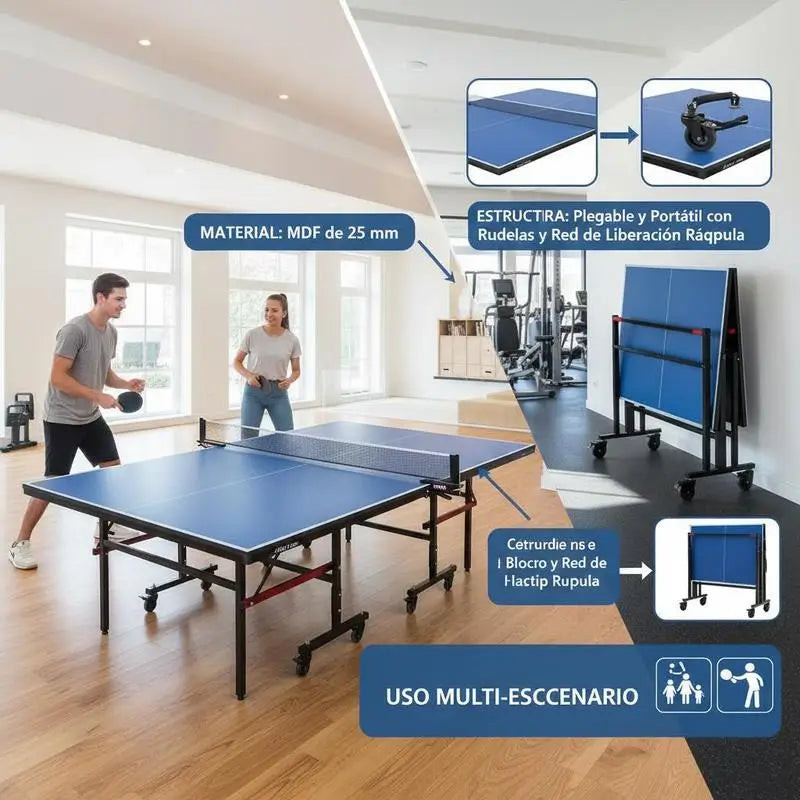 Mesa de ping pong plegable de MDF, tablero de 25 mm, ruedas bloqueables, red rápida, montaje en 10 minutos, interior, envío a Europa