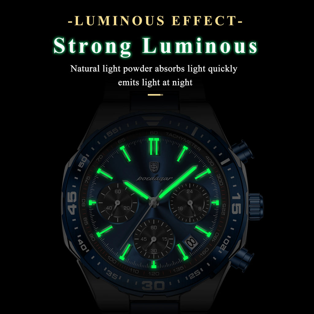 Reloj de cuarzo para hombre POEDAGAR, elegante, casual, luminoso, resistente al agua, de acero inoxidable, con cronógrafo y fecha