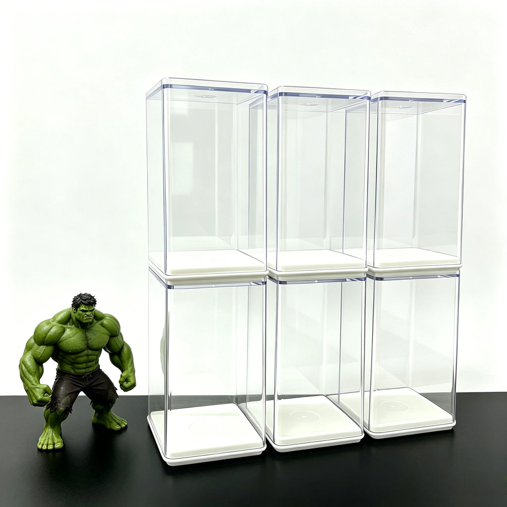 Vitrina expositora acrílica apilable, caja transparente a prueba de polvo con base blanca, para figuras de acción, miniaturas y coleccionables pequeños