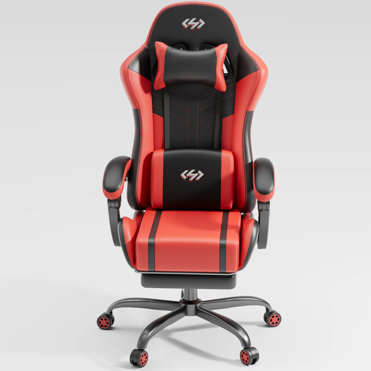 Silla gaming ergonómica roja y negra con reposacabezas y soporte lumbar, vista frontal