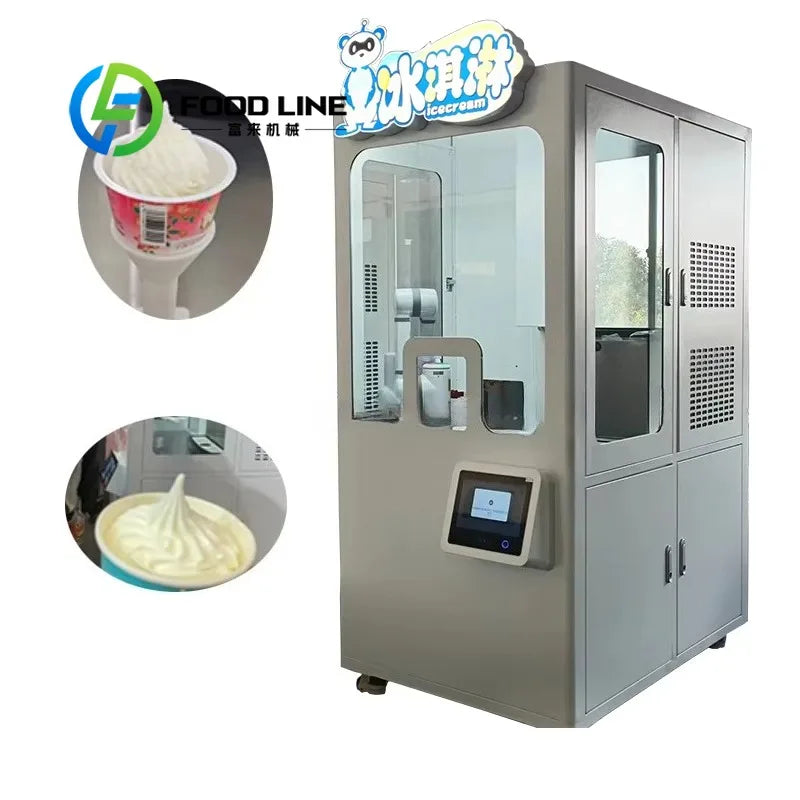 Robot autónomo de servicio de helado con brazos y panel frontal, color blanco y gris