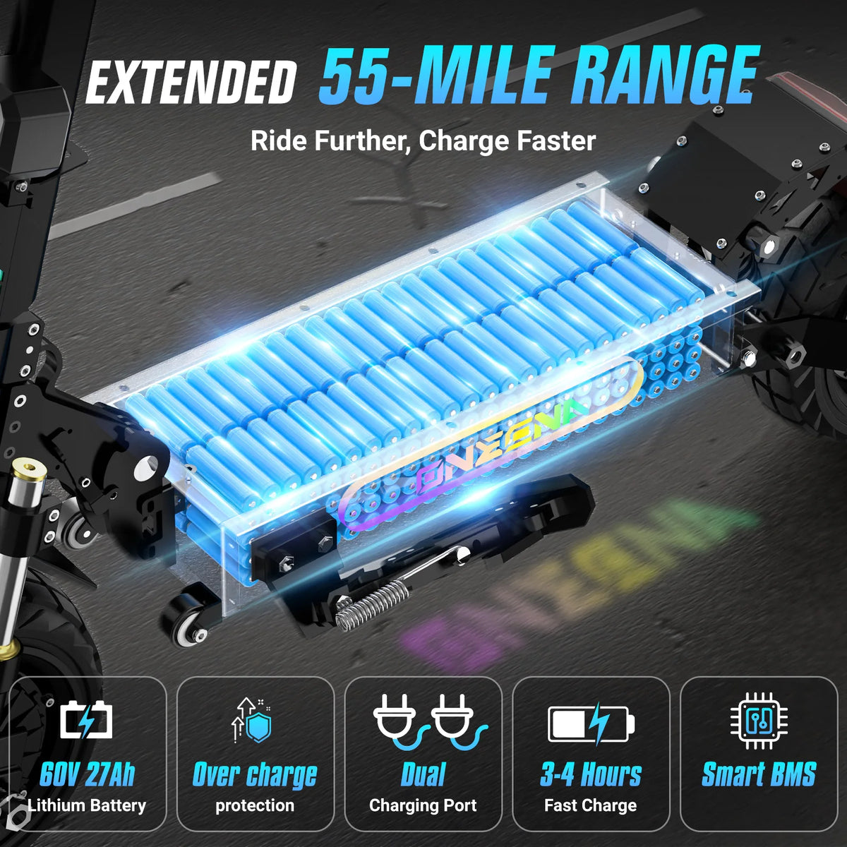 Patinete eléctrico con batería extraíble y módulo interno azul iluminado, vista inferior