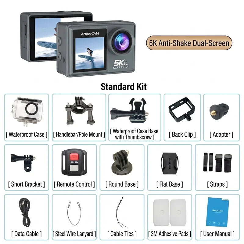 Cámara de acción 5K 4K Ultra HD con doble pantalla, estabilización electrónica de imagen (EIS) y función antivibración, ideal para deportes, 170. °   Cámara de gran angular con WiFi y control remoto, 50MP, para fotogr