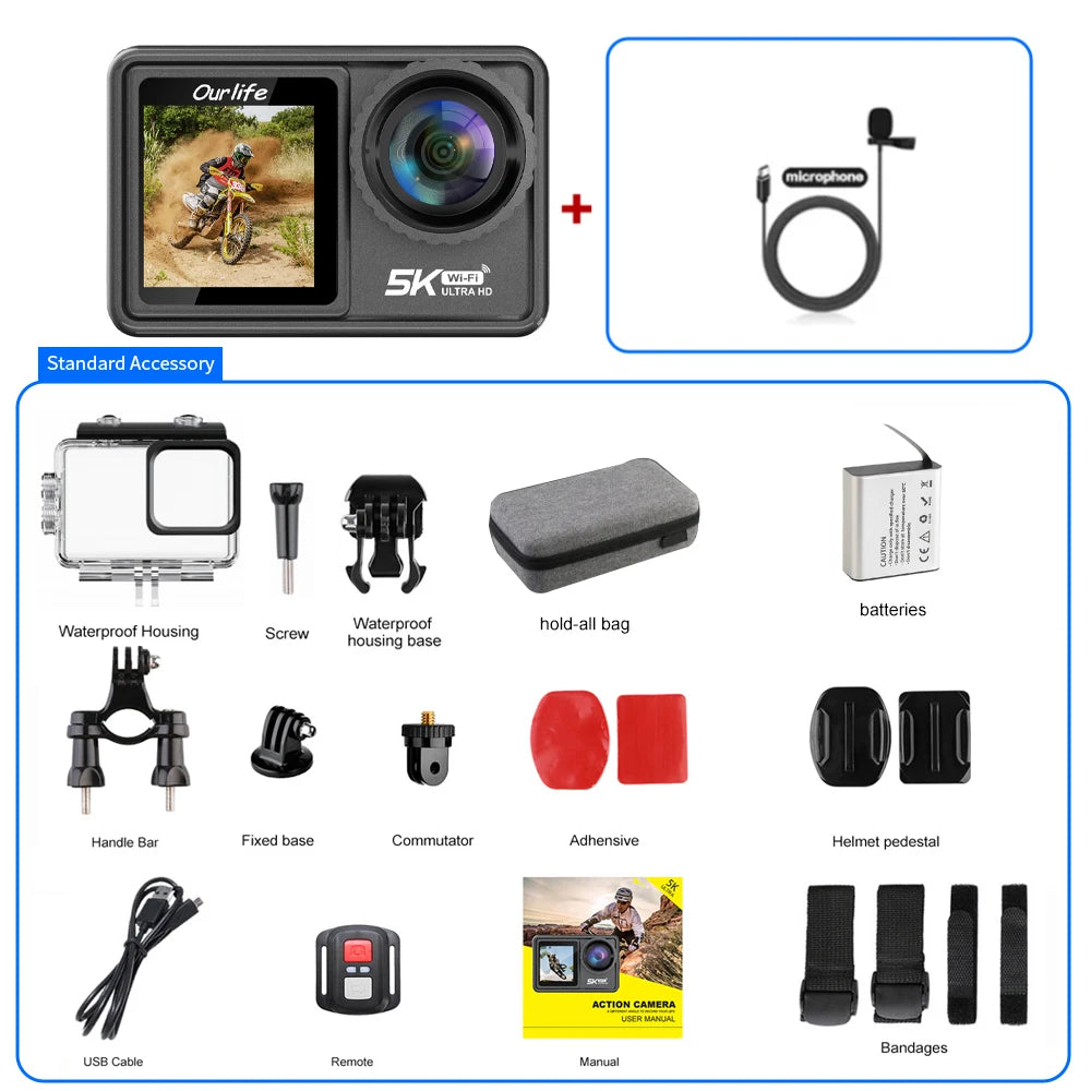 Cámara de Acción Ourlife MTR81 5K30FPS EIS con Pantalla Táctil de 2.0'', Resistente al Agua hasta 30M, WiFi, Zoom 5X, Cámara Deportiva para Casco con Control Remoto