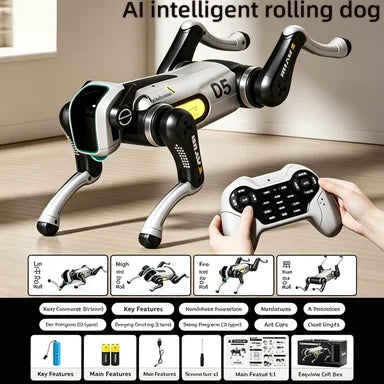 Perro robot giratorio blanco y negro con luces azules; mano controla con mando